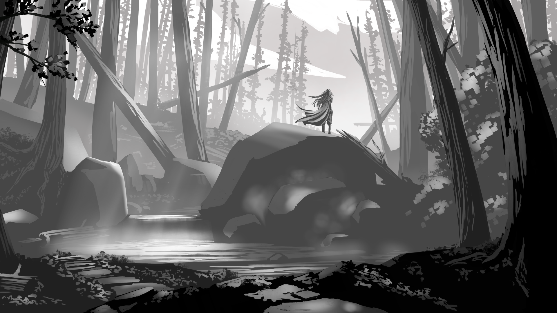 a black and white drawing of a person standing on a boulder in a forest