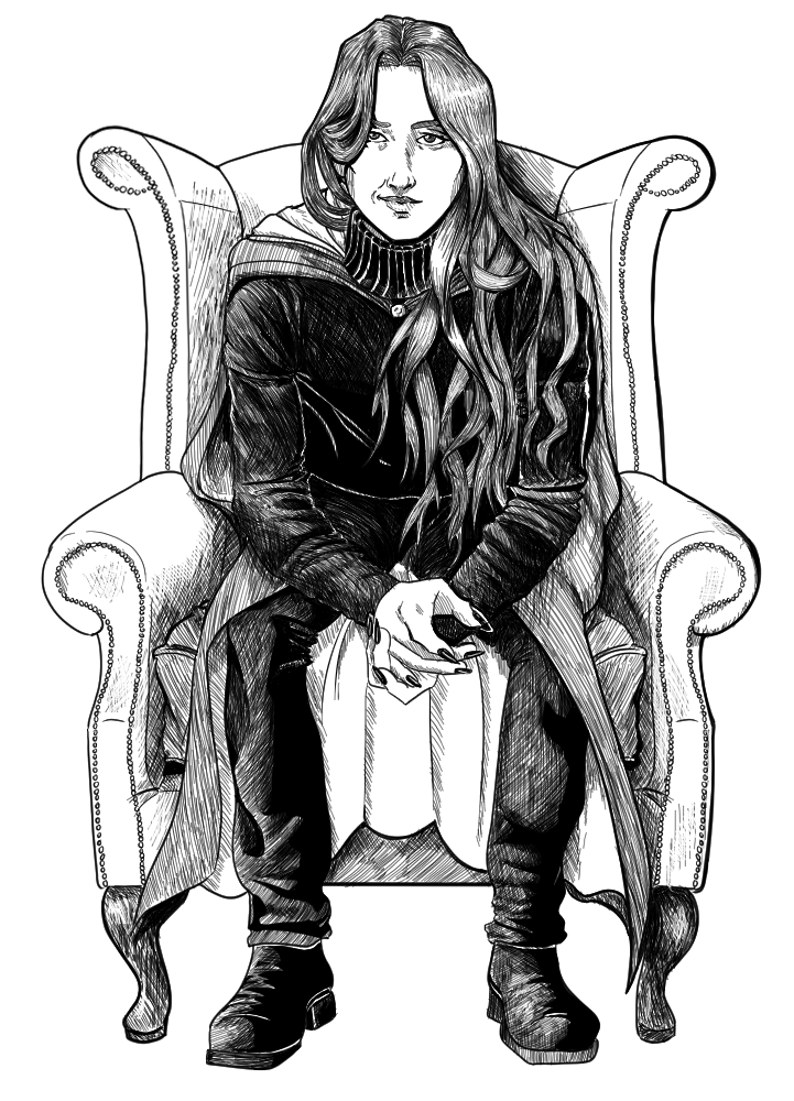 a person in a wingback chair leaning forward with hands clasped