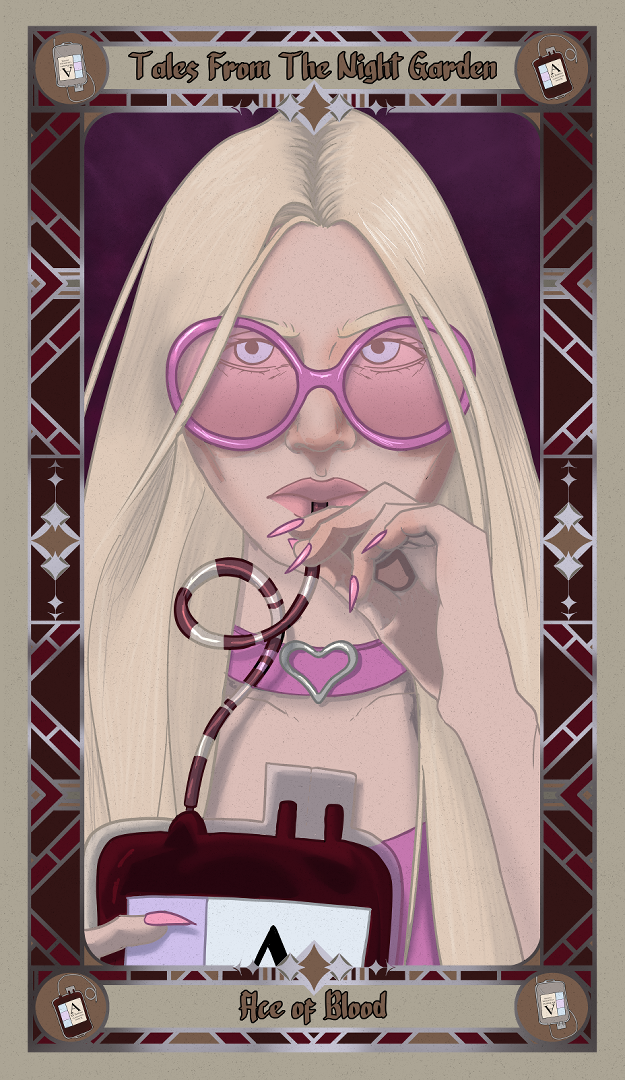 a tarot card showing a woman drinking from a blood bag