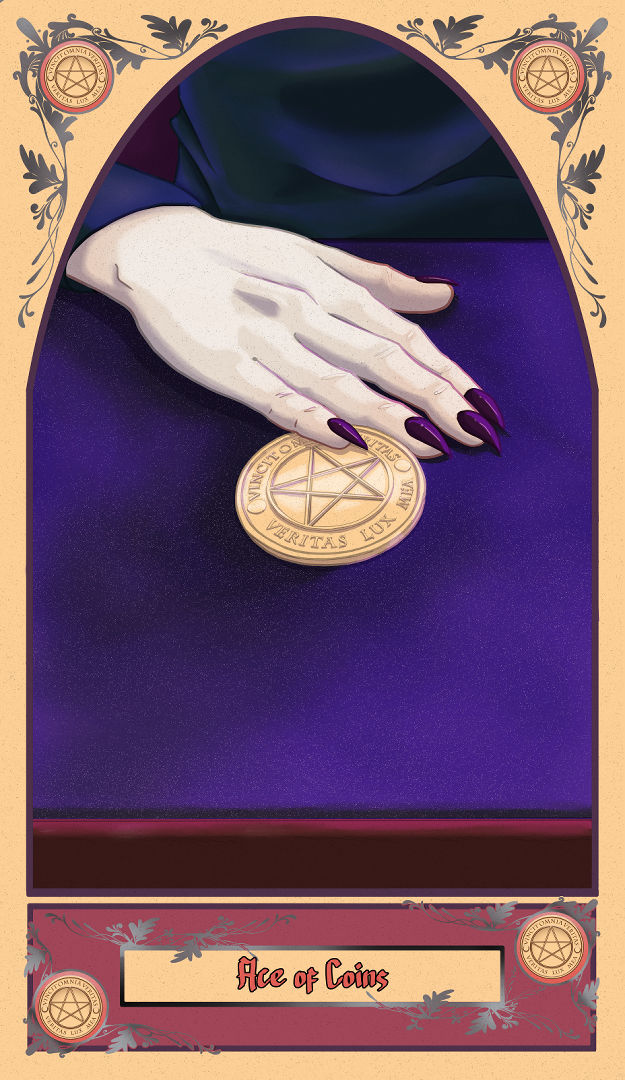 A coin on a table, a person holding it under blacklight