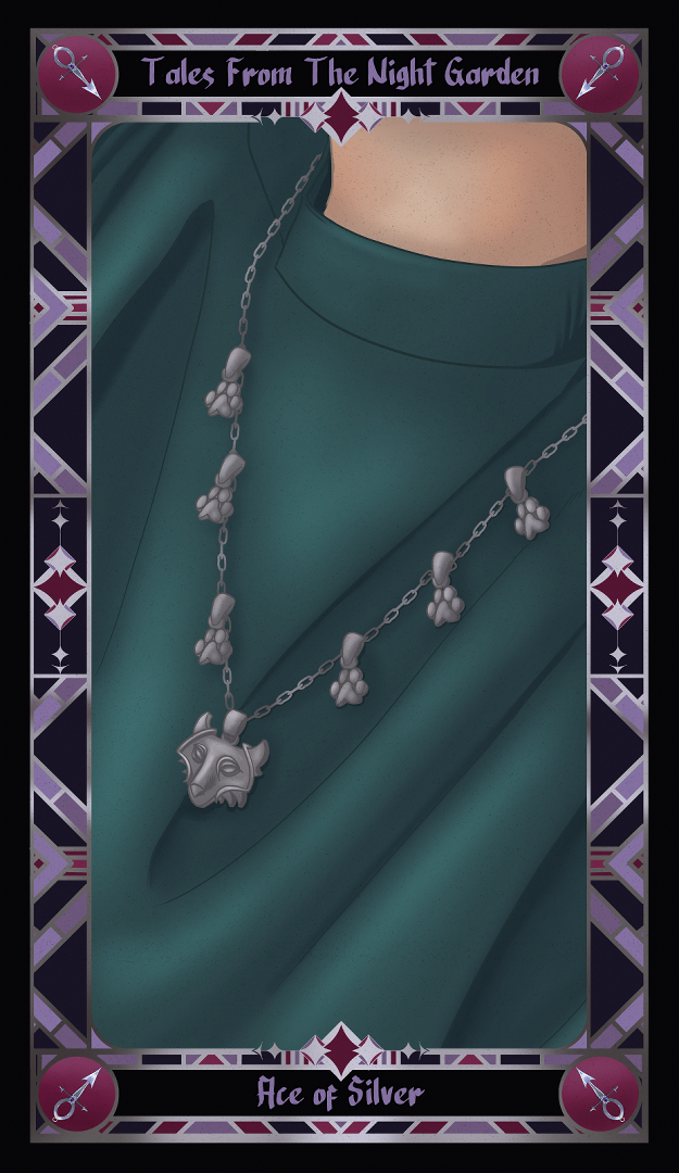 A charm necklace around someone's neck