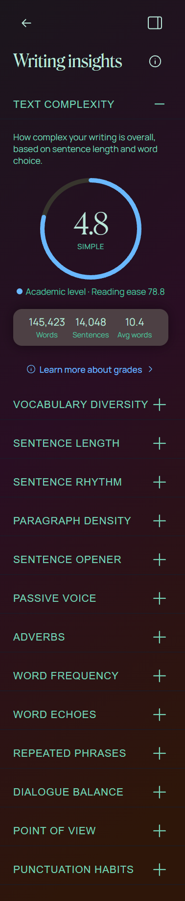 A screenshot of Ellipsus Plus' writing insights, showing the different options.