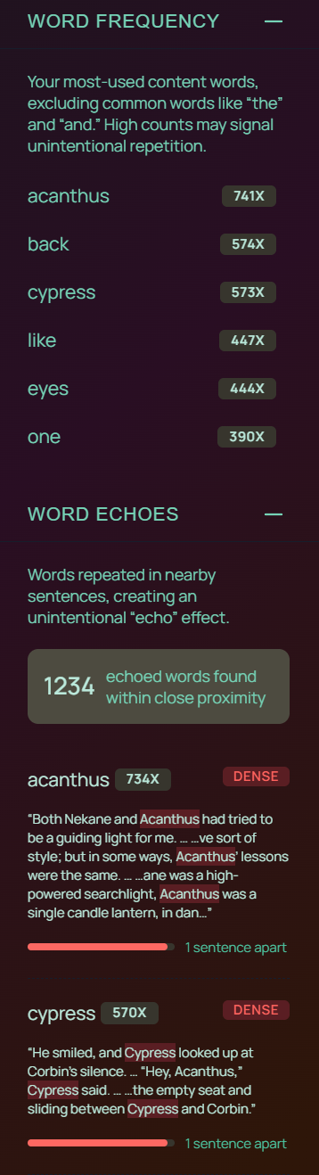 A screenshot of Ellipsus Plus' word repetition and echoes features.