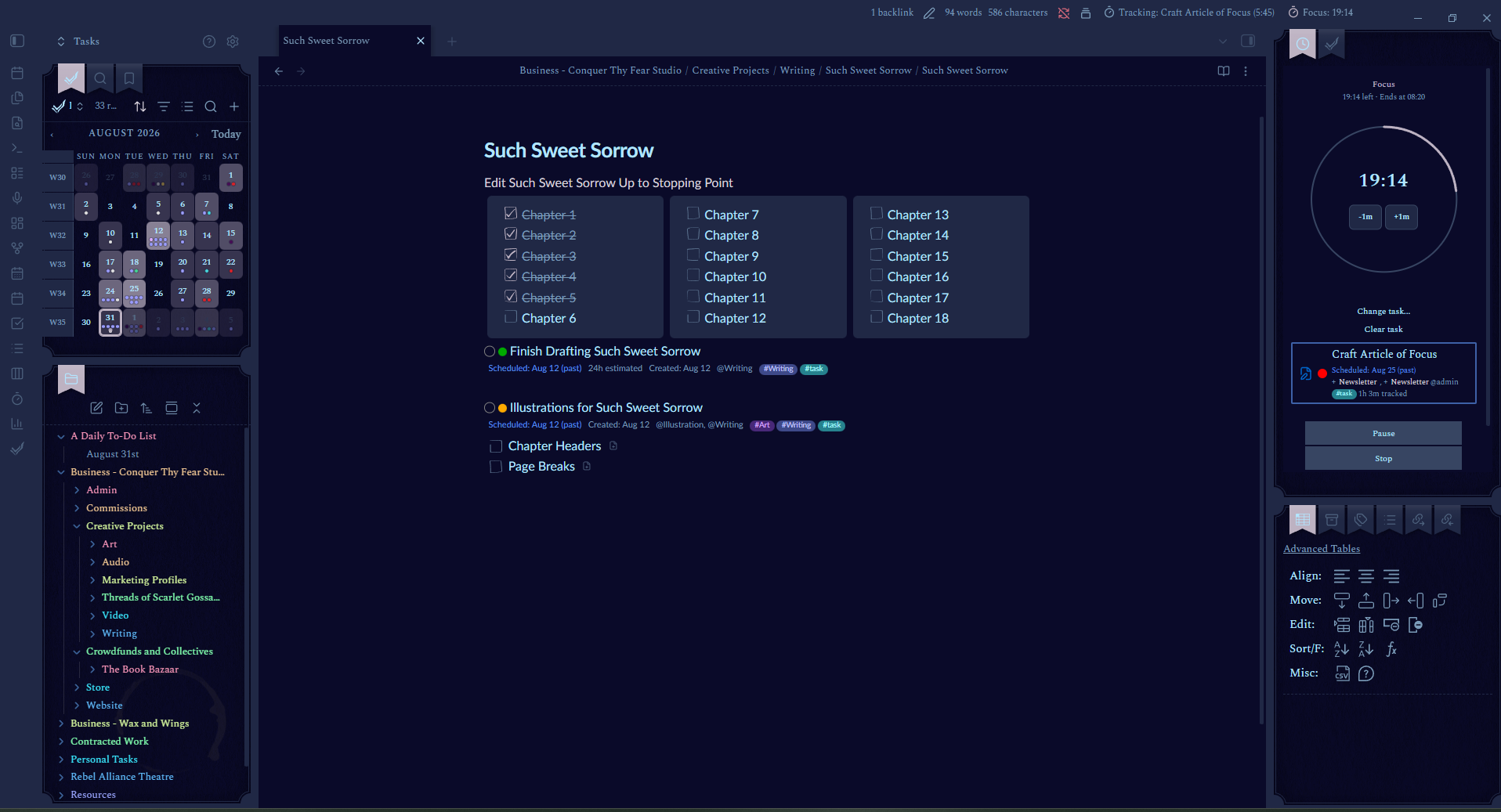 A screenshot of Obsidian showing a project tracker.