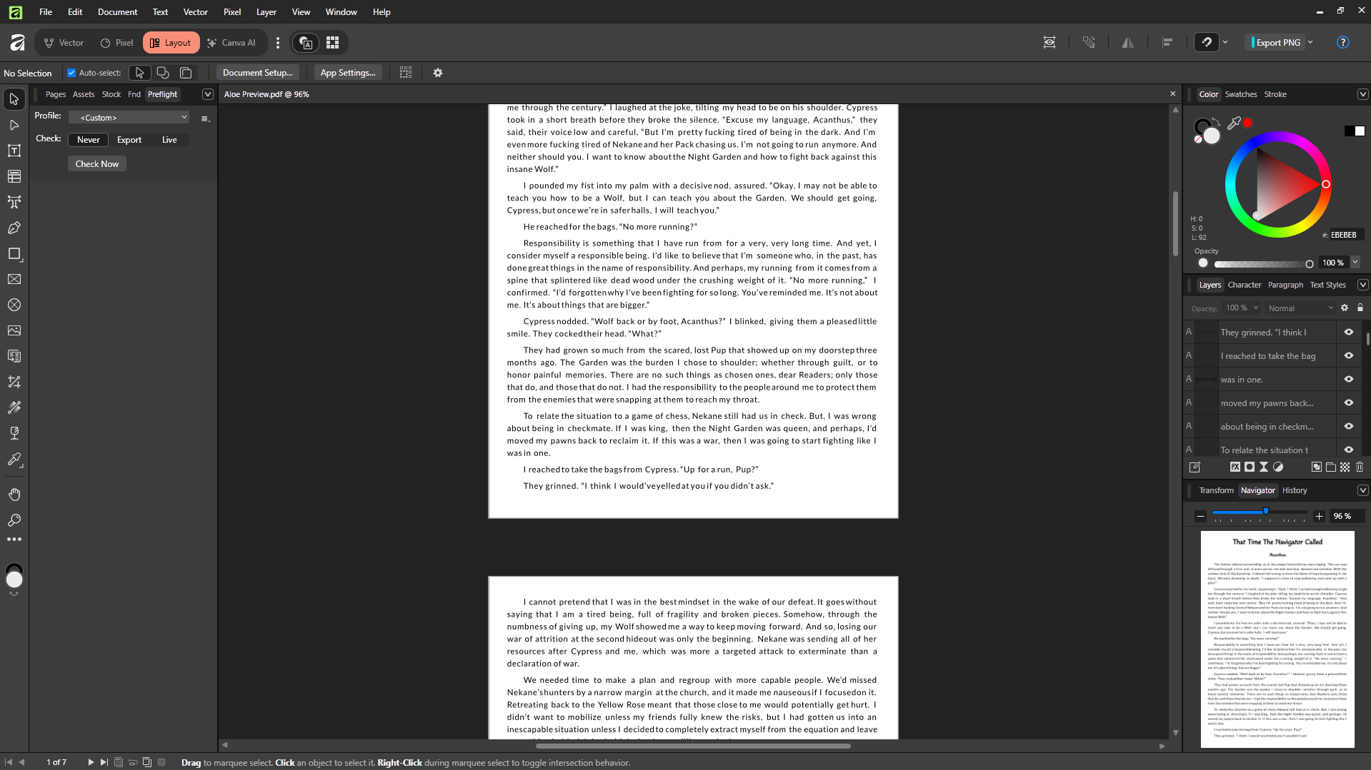 The workspace for Affinity by Canva on the layout tab