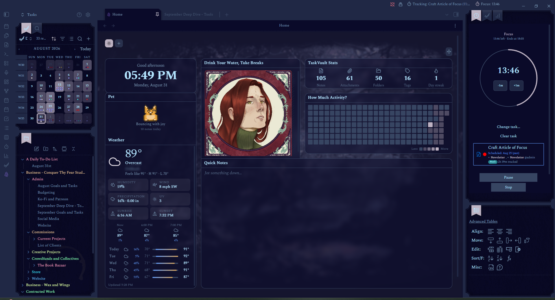 A dashboard from Obsidian, a markdown-based app.