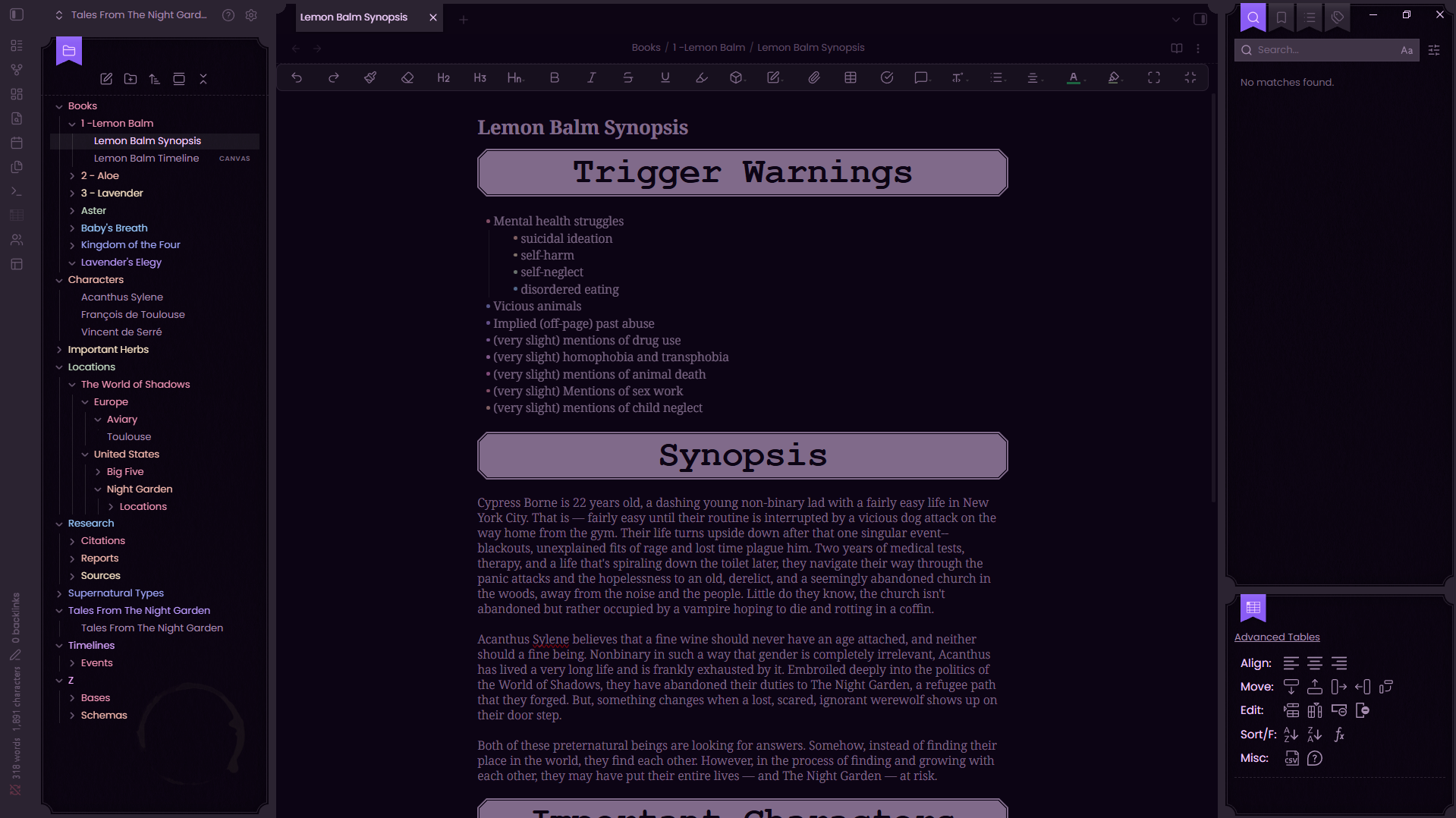 A screenshot of Obsidian, showing a setup for a series encyclopedia.