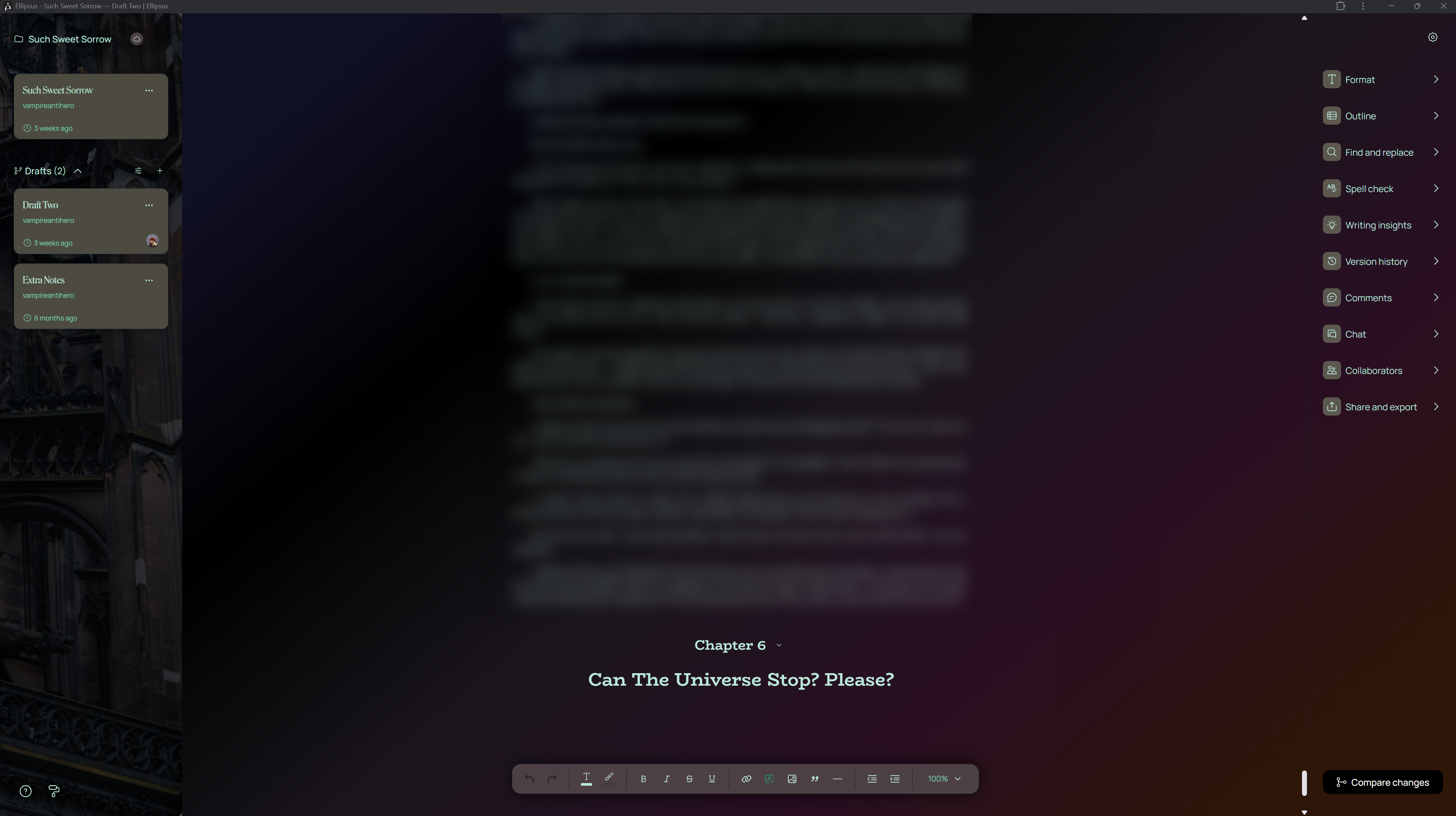 A screenshot of Ellipsus' editor. The text is blurred.