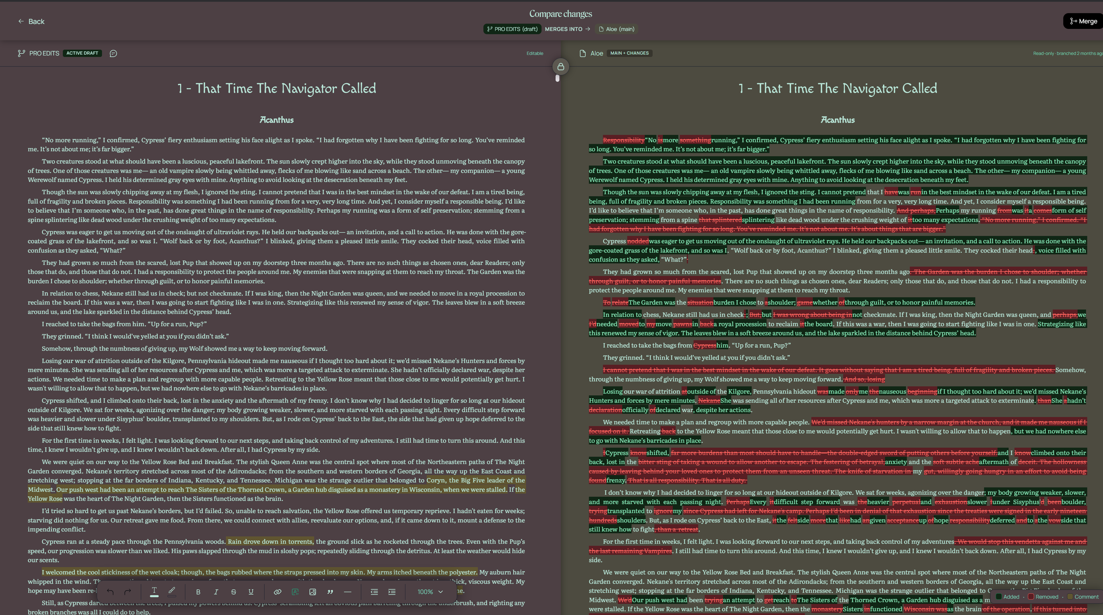 A screenshot of Ellipsus' compare changes screen, showing the differences between two drafts.