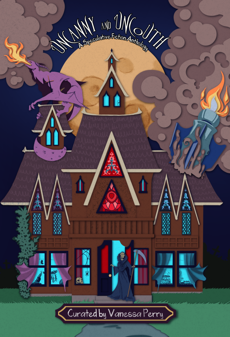 a book cover showing death on the front stoop, a dragon and a crashed spaceship in a gothic mansion
