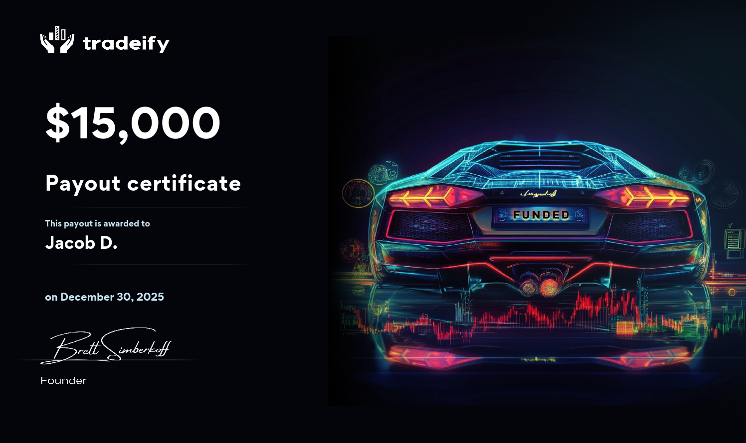 Tradeify $15,000 payout certificate — Jacob D., December 30, 2025