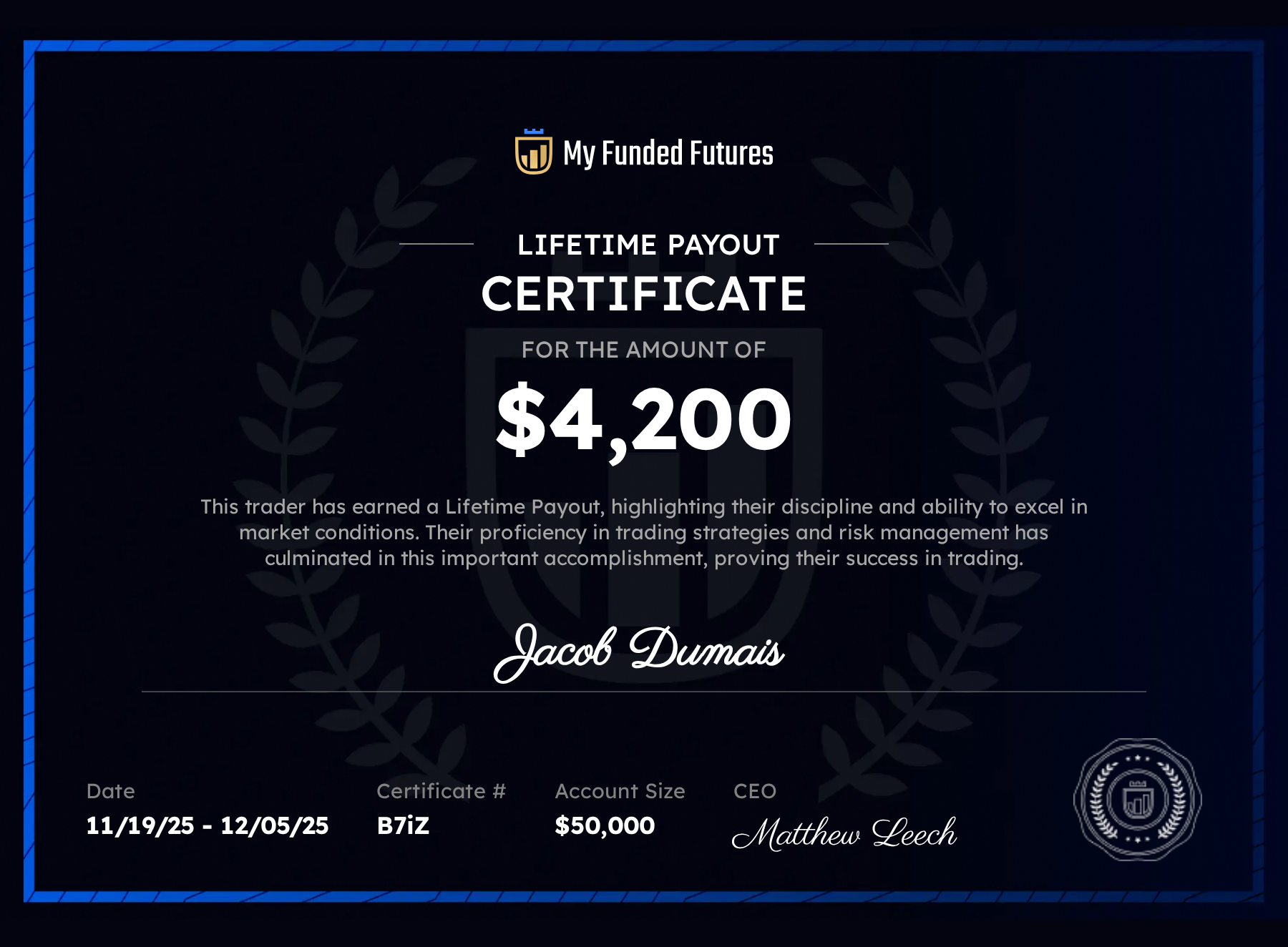 My Funded Futures $4,200 lifetime payout certificate — Jacob Dumais