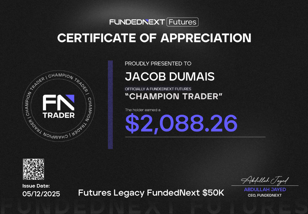 FundedNext Futures Champion Trader certificate — Jacob Dumais, $2,088.26