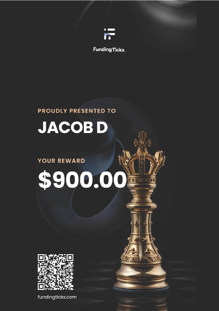 FundingTicks $900 payout certificate — Jacob D.