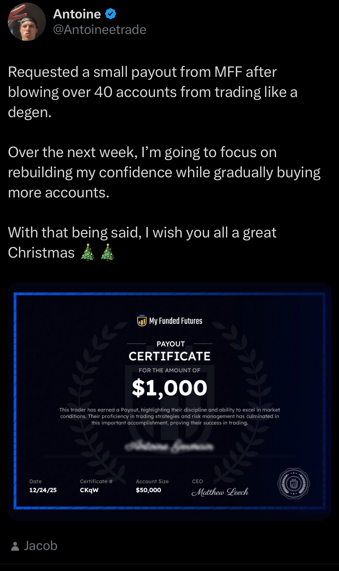 Antoine: MFF $1,000 payout certificate on 12/24/25