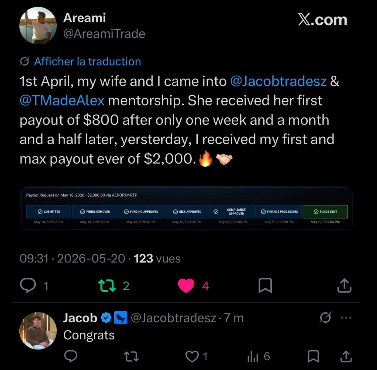 Areami on X: wife's first $800 payout and his first $2,000 payout