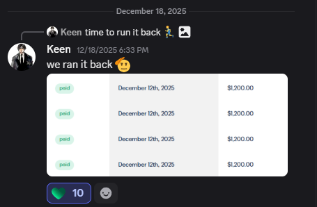 Keen — four $1,200 paid entries on December 12