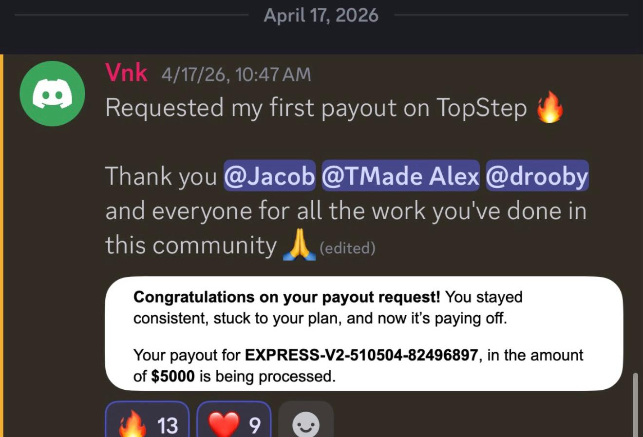 Vnk: Requested my first payout on TopStep — $5,000 being processed
