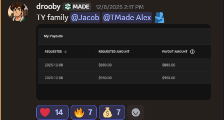 My Payouts dashboard — $880 and $950 requested
