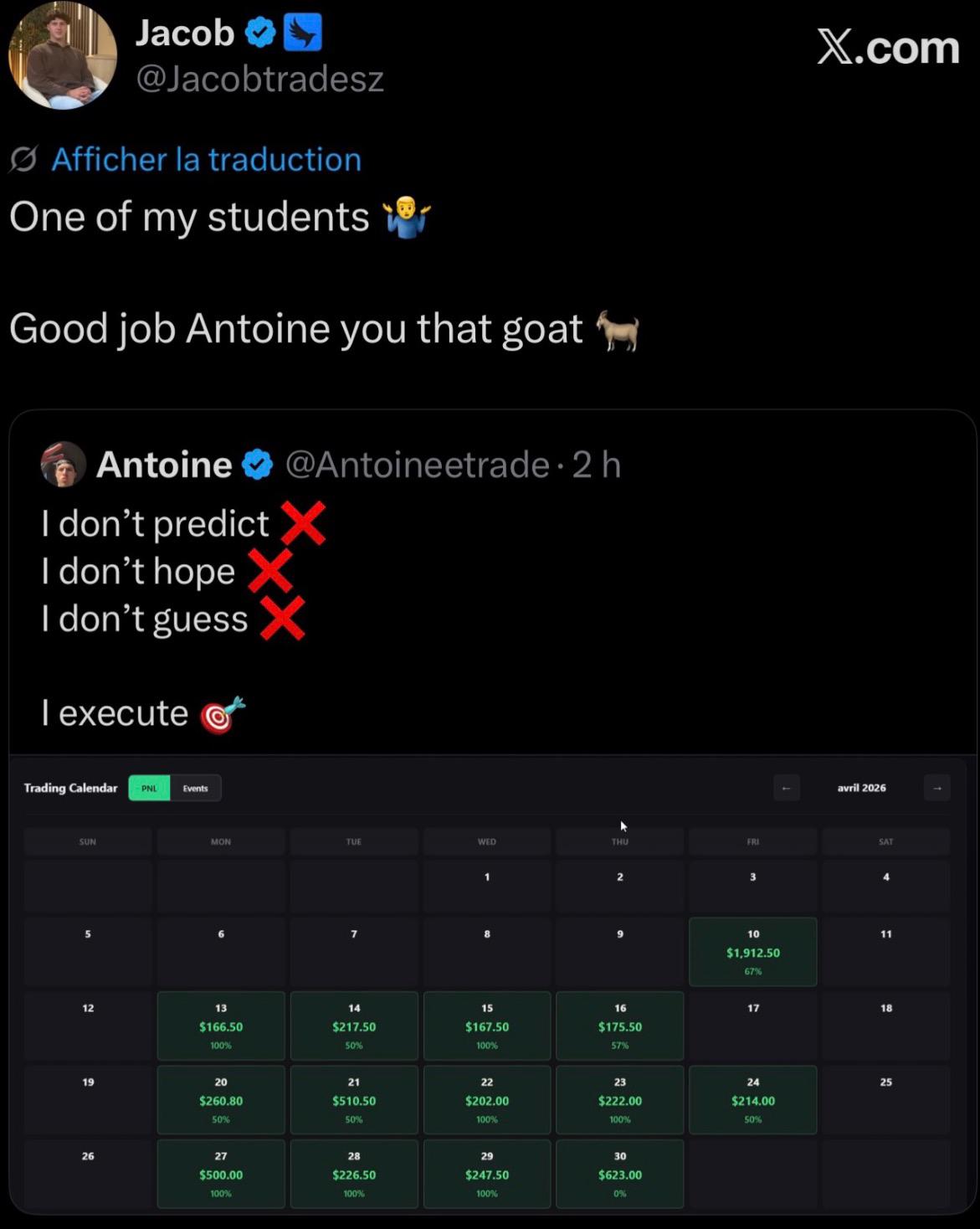 Jacob on X: student Antoine's April trading calendar full of green days