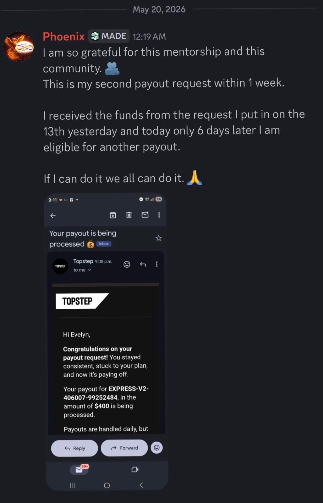 Phoenix: second Topstep payout request within one week