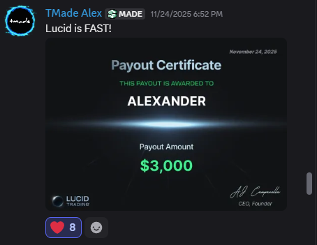 Lucid Trading $3,000 payout certificate for Alexander