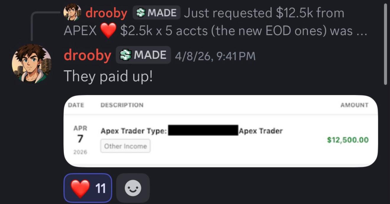 drooby: requested $12.5k from APEX — $2.5k x 5 accounts, they paid up