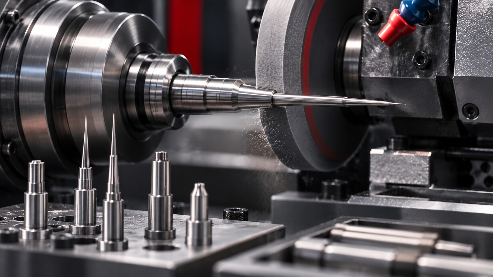 AI illustration of a cylindrical metal workpiece beside a grinding wheel.