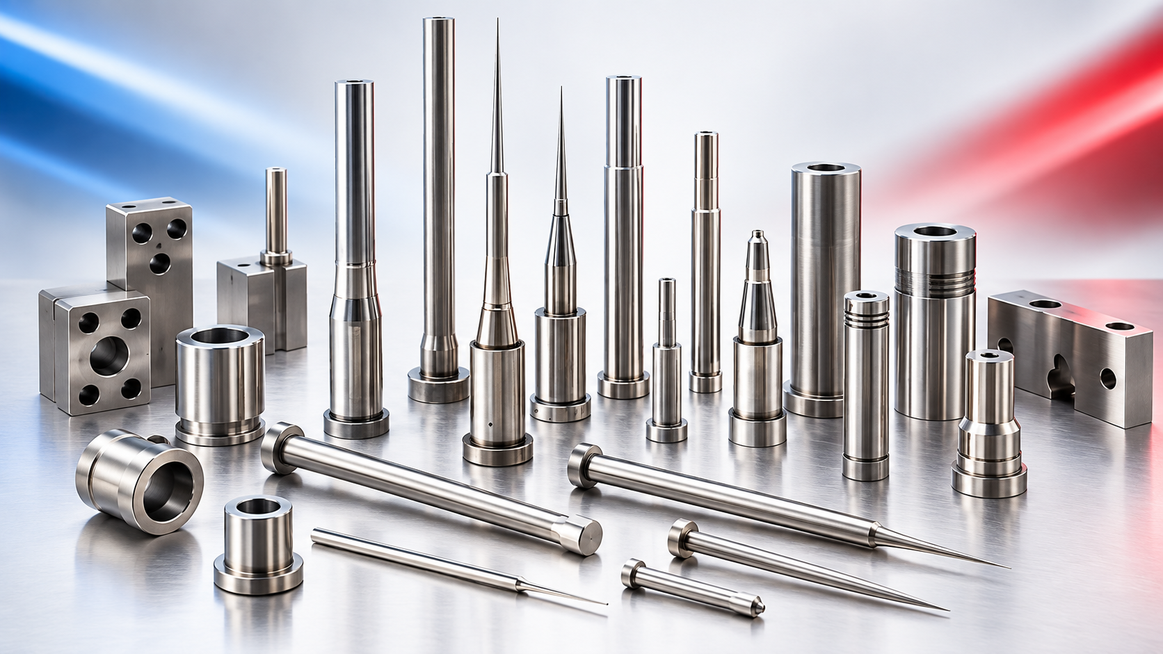 AI illustration of precision tooling components with stepped and tapered profiles.