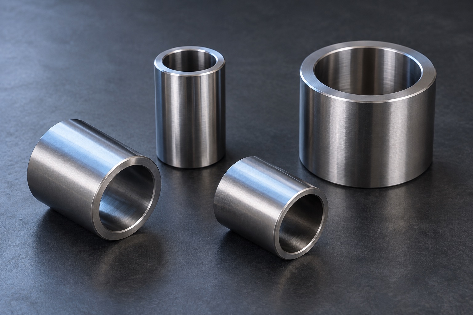 Metal sleeves and bushings showing their open cylindrical bores