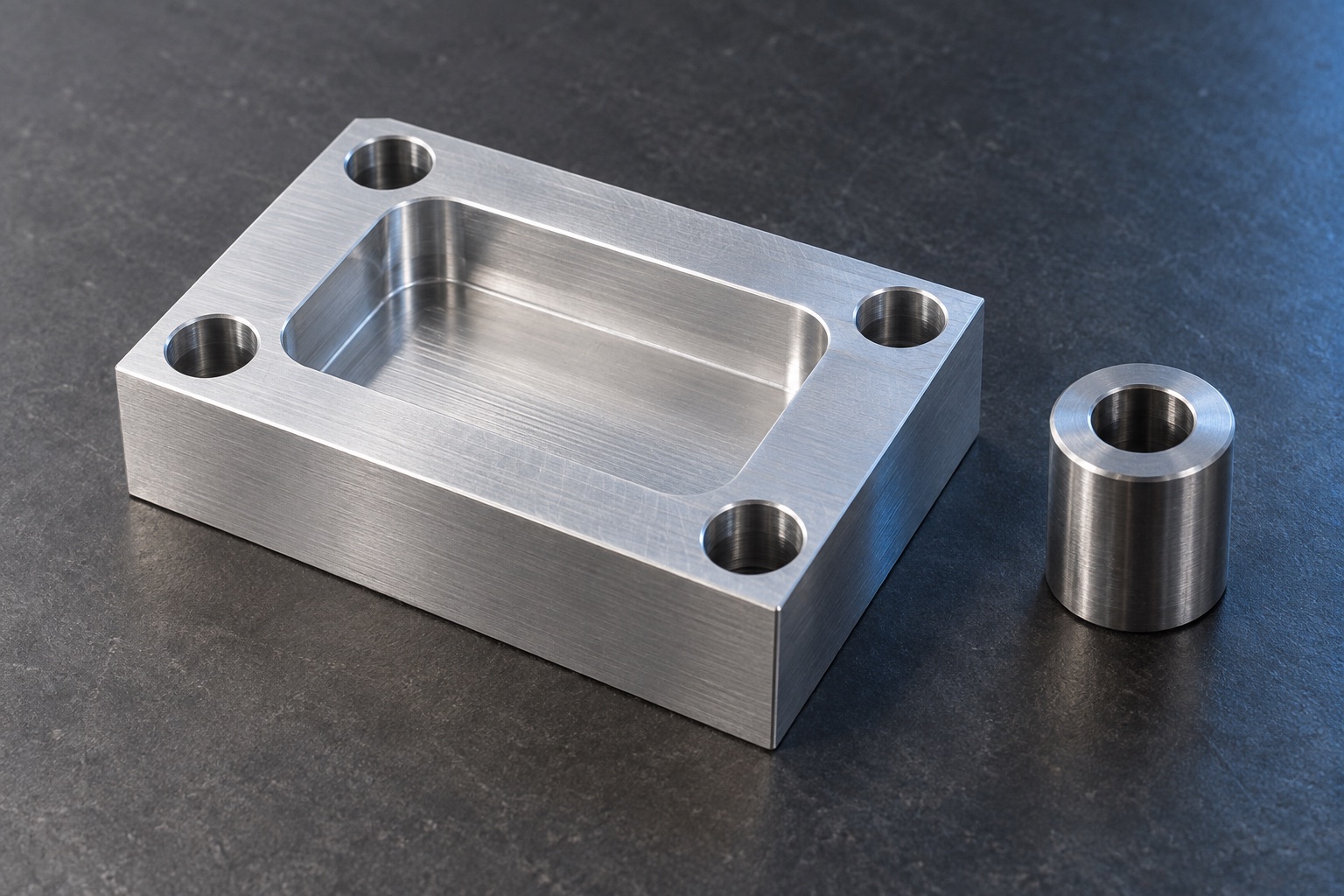 Machined metal block with a radiused pocket and four holes beside a cylindrical spacer