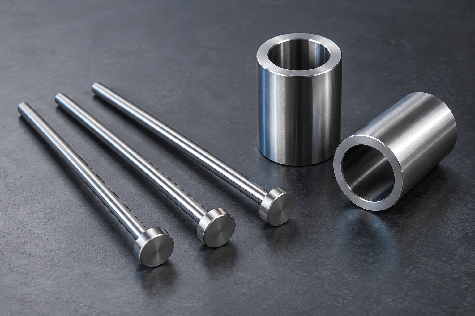 Steel ejector pins with round heads beside hollow cylindrical sleeves