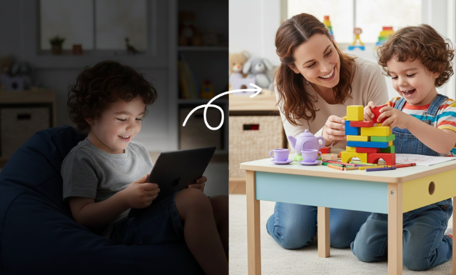 Happy mother interacting with her toddler son who is constructing a toy block structure, surrounded by art supplies and a toy tea set.