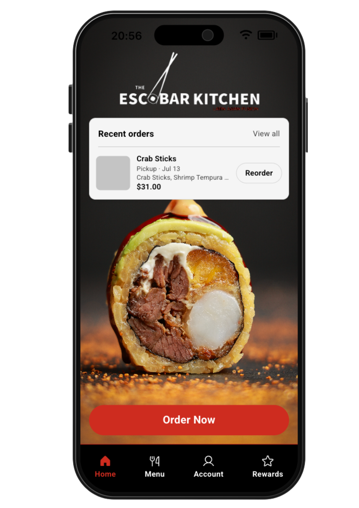 The Escobar Kitchen app — Menu screen