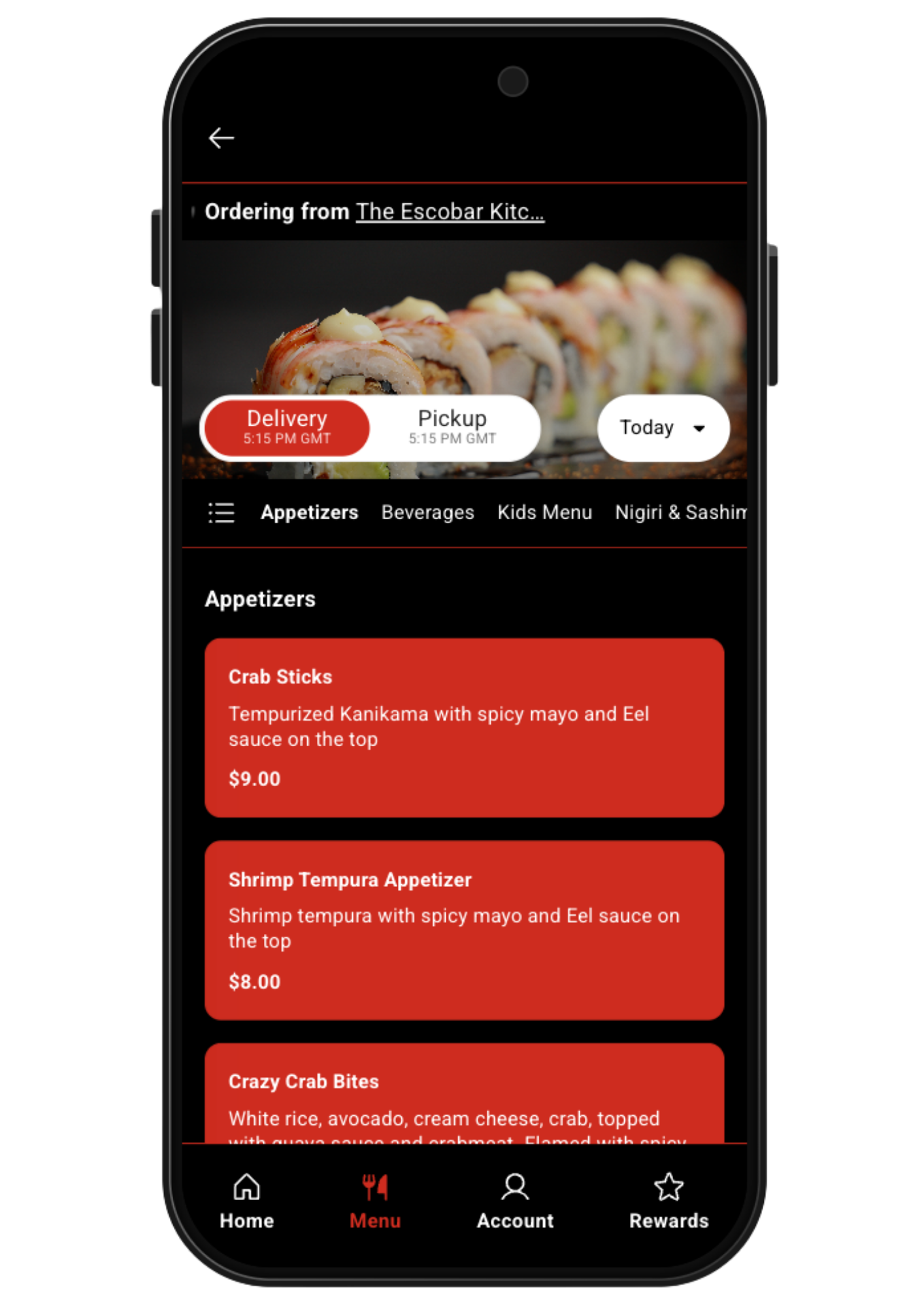 The Escobar Kitchen app — Rewards screen