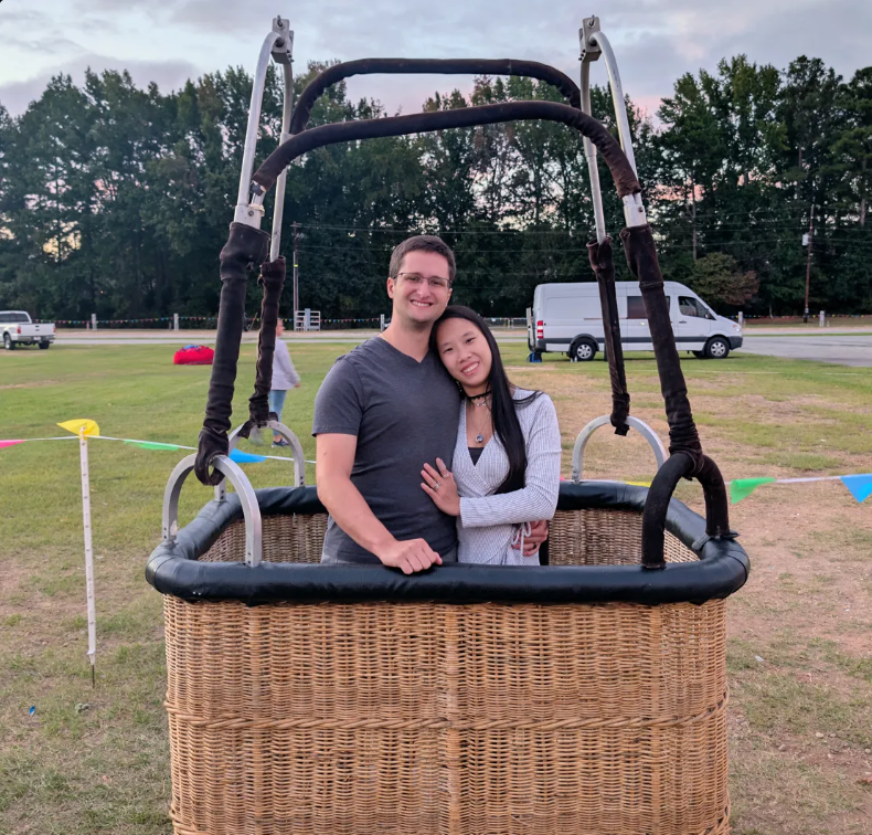 Sam and his wife in a hot air balloon