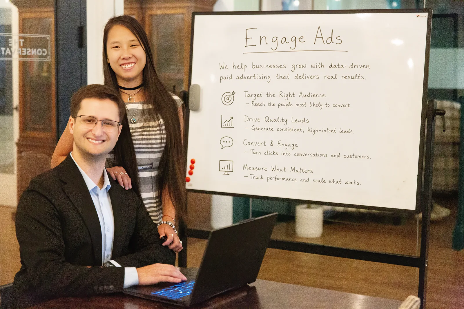 Engage Ads working session at a whiteboard headed Engage Ads, mapping how a client gets found and converted.