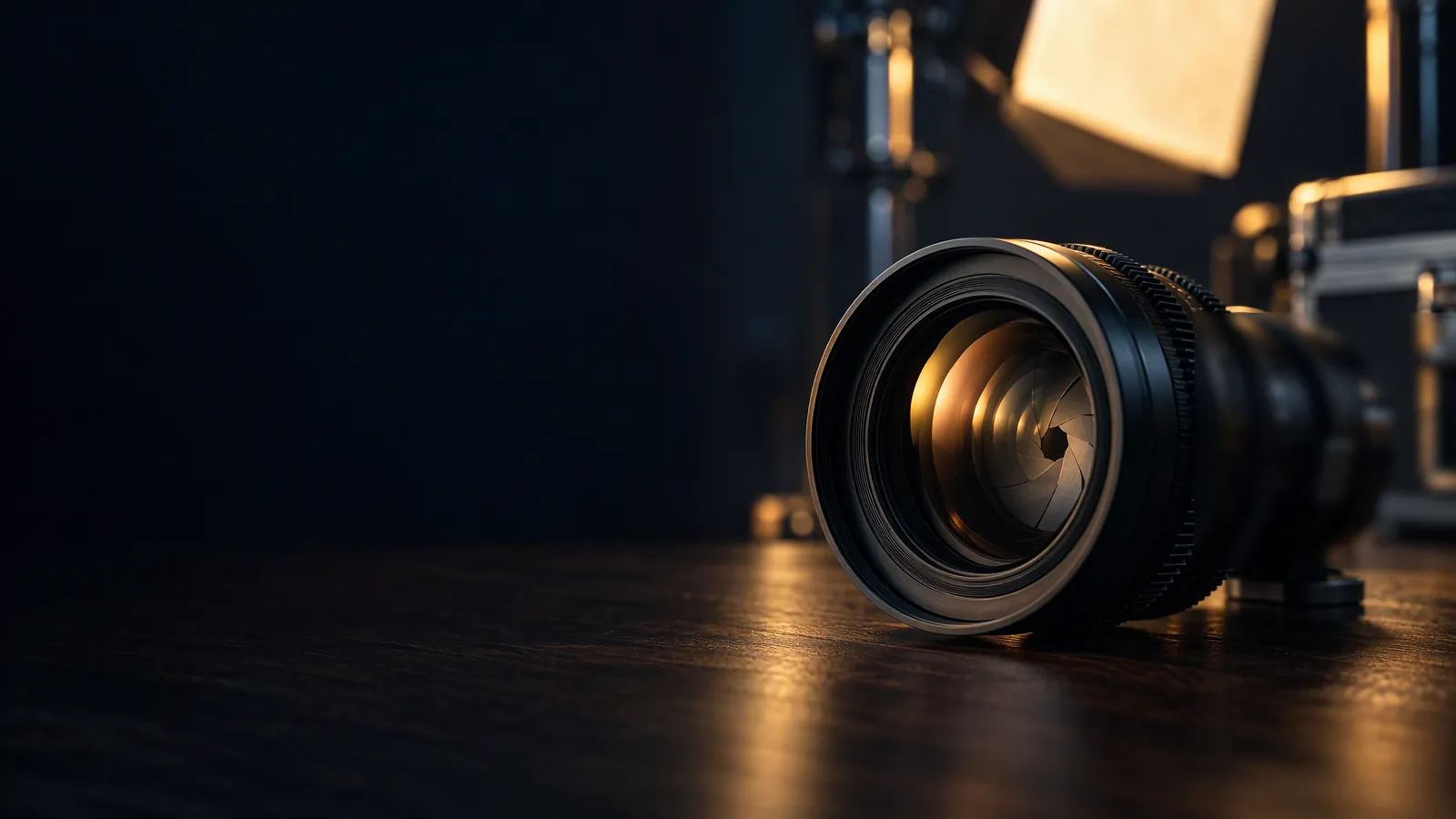A cinema camera lens catching warm light in a studio