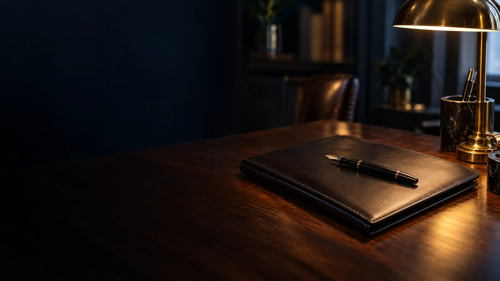 A closed leather document portfolio and a pen on a desk