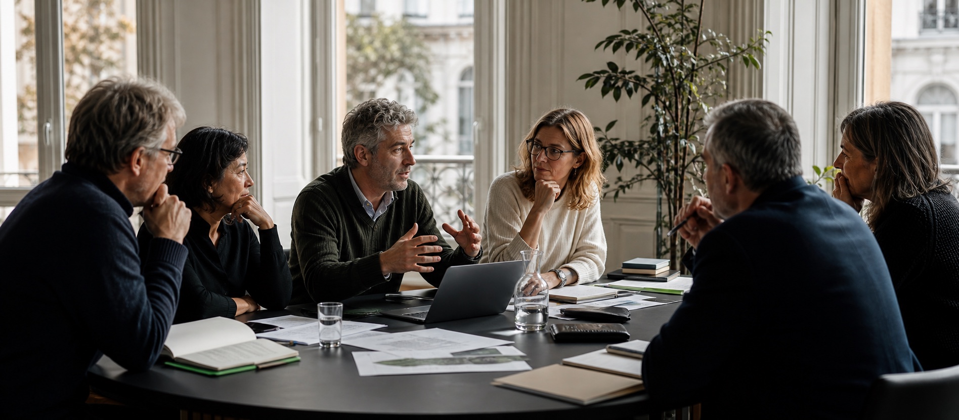 A group of experienced professionals engaged in a thoughtful working session