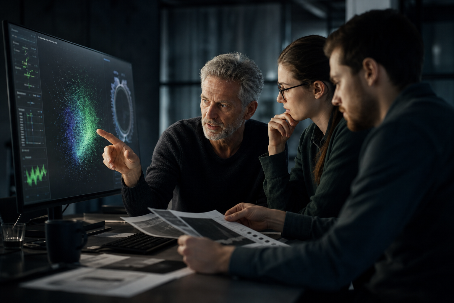 Three professionals critically reviewing an AI-supported analysis and comparing it with printed evidence