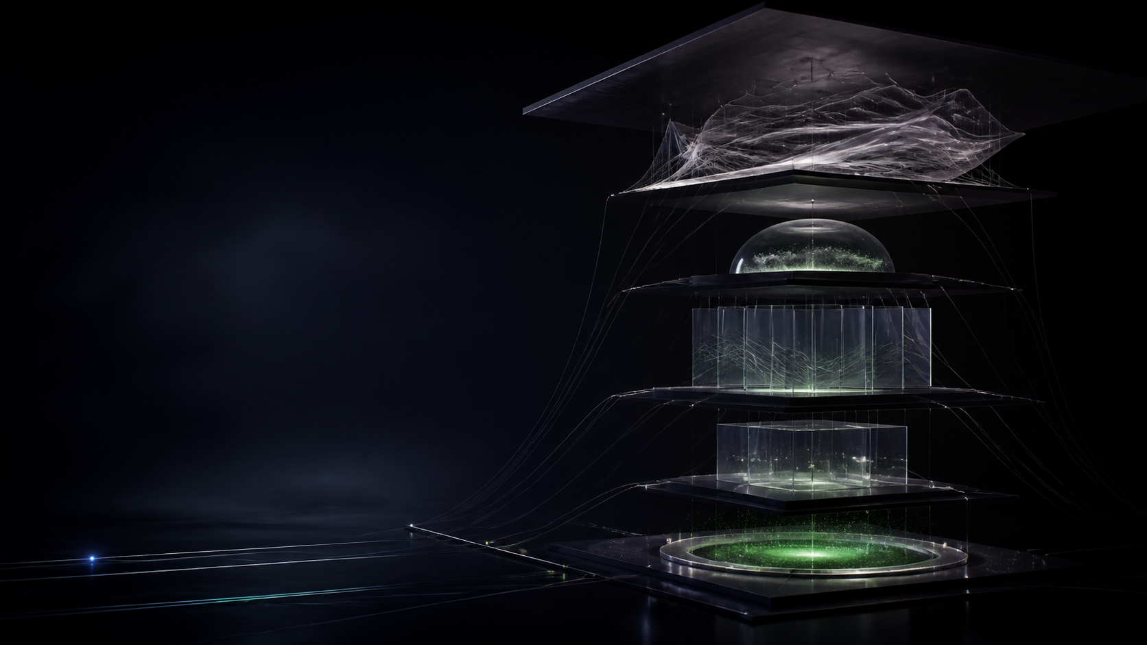 Five interconnected translucent structures forming a layered relational system in a dark architectural space
