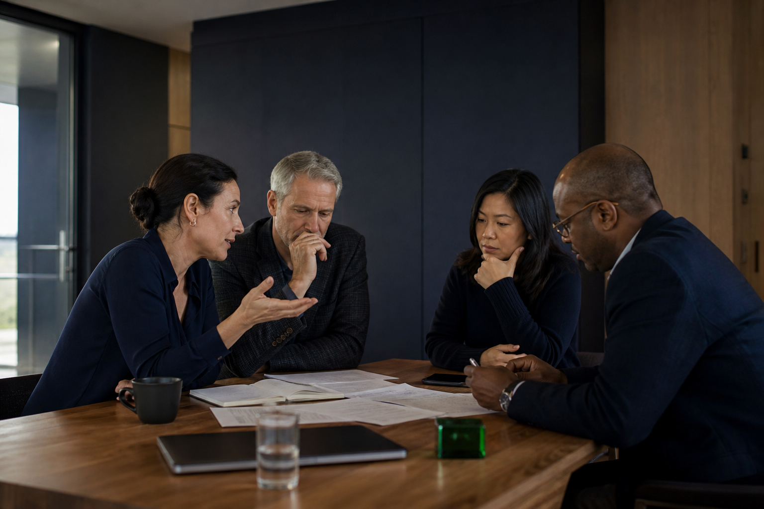 Four professionals exchanging perspectives around a table during a focused working session