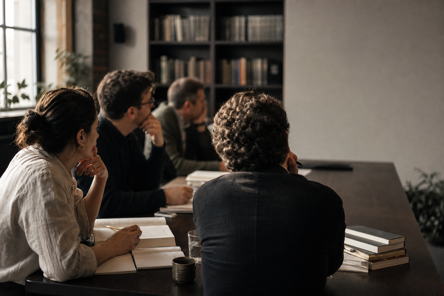 Illustrative editorial image of a small group in a learning discussion