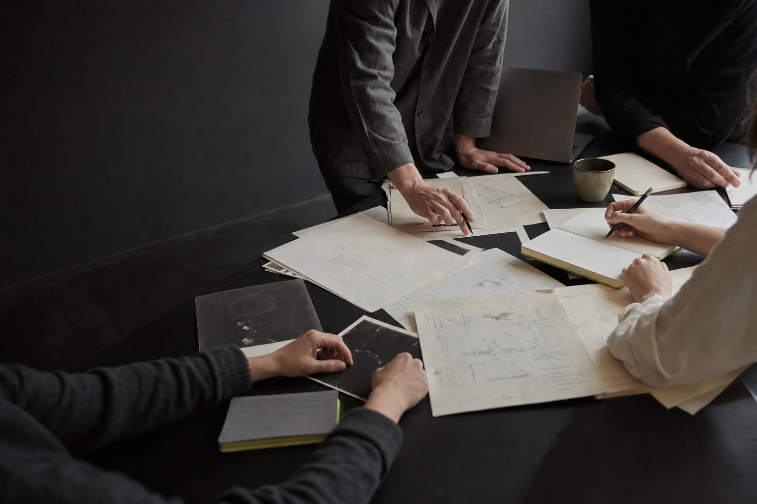 Illustrative editorial image of professionals examining notes together