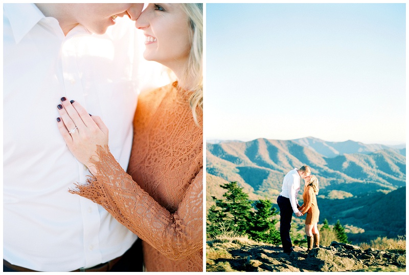 Engaged couple standing at the top of Roan Mountain looking at the view.