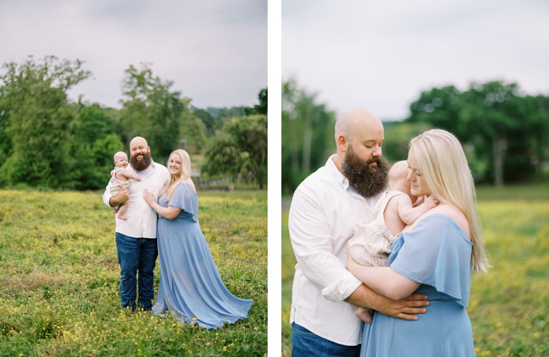Parents with baby enjoying a sunny day in a field for the best time of year for family photos in Northeast Tennessee Parents with baby enjoying a sunny day in a field for the best time of year for family photos in Northeast Tennessee