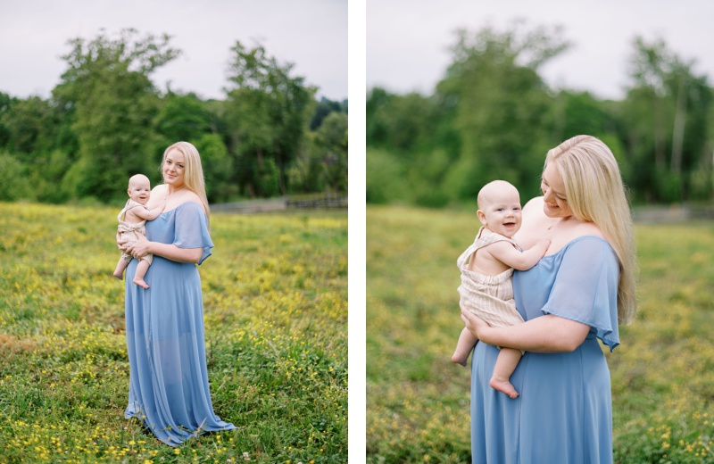 Mom in blue dress with dad and baby for a family photo session in Northeast Tennessee during ideal seasonal conditions Mom in blue dress with dad and baby for a family photo session in Northeast Tennessee during ideal seasonal conditions