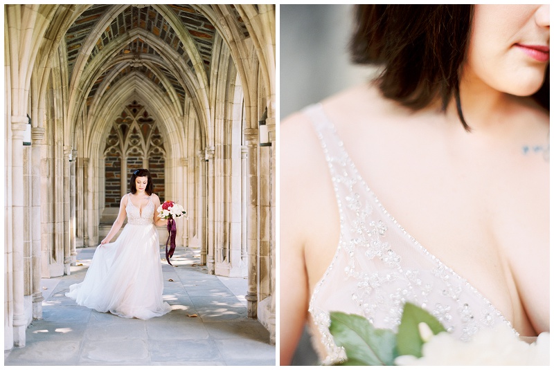 Bride posing outside Duke University Chapel, one of the most iconic wedding venues in North Carolina