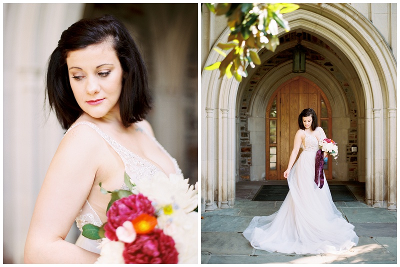 Elegant bridal portrait at Duke University Chapel, a popular location for weddings in Durham NC
